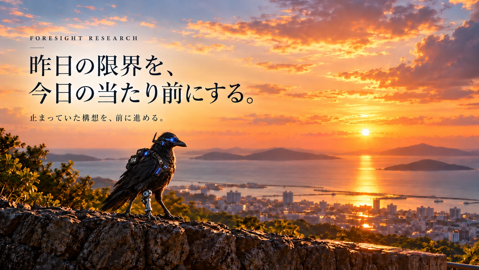夕焼けの海と街を見渡す、三本足のサイバークロウ。